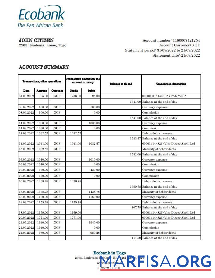 Downloadable Togo Ecobank bank statement excel template
